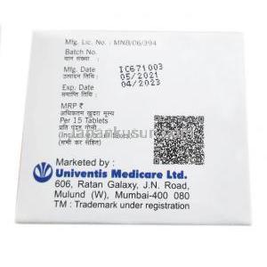 RTQS, ヒドロキシクロロキン　200mg, 製造元：Univentis Medicare Ltd, 箱情報, 製造日, 消費期限, 製造番号